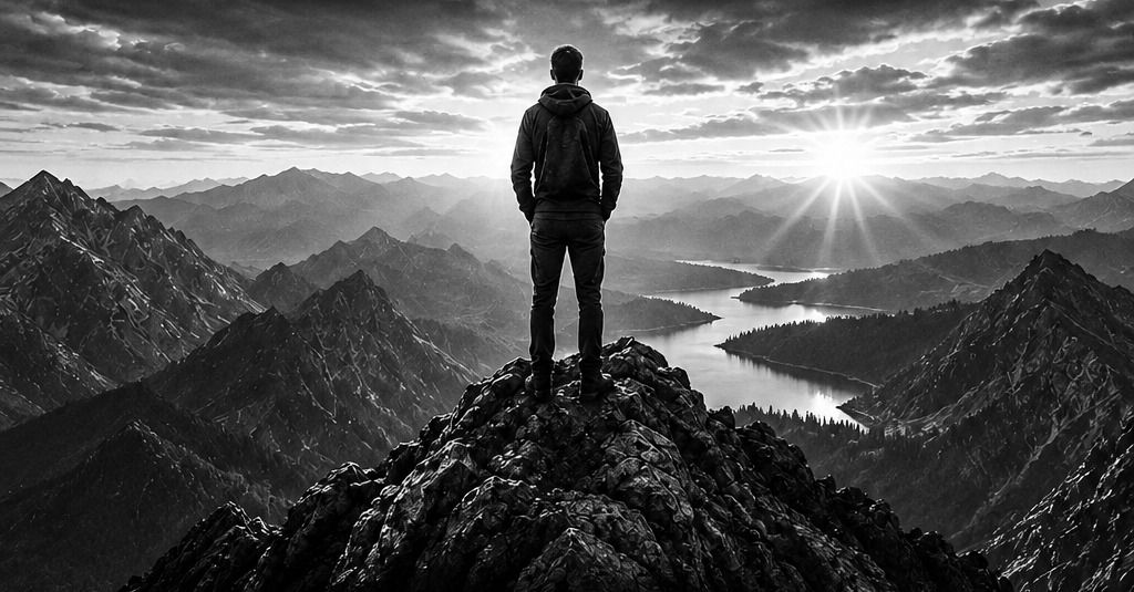 A lone figure standing on a mountain summit looking out over a valley at sunrise